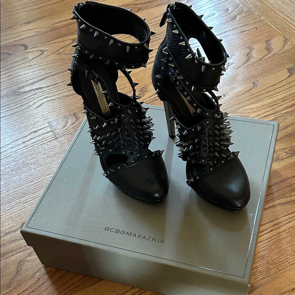 BCBGMaxAzria Black Studded Spike Ankle-Strap Heels